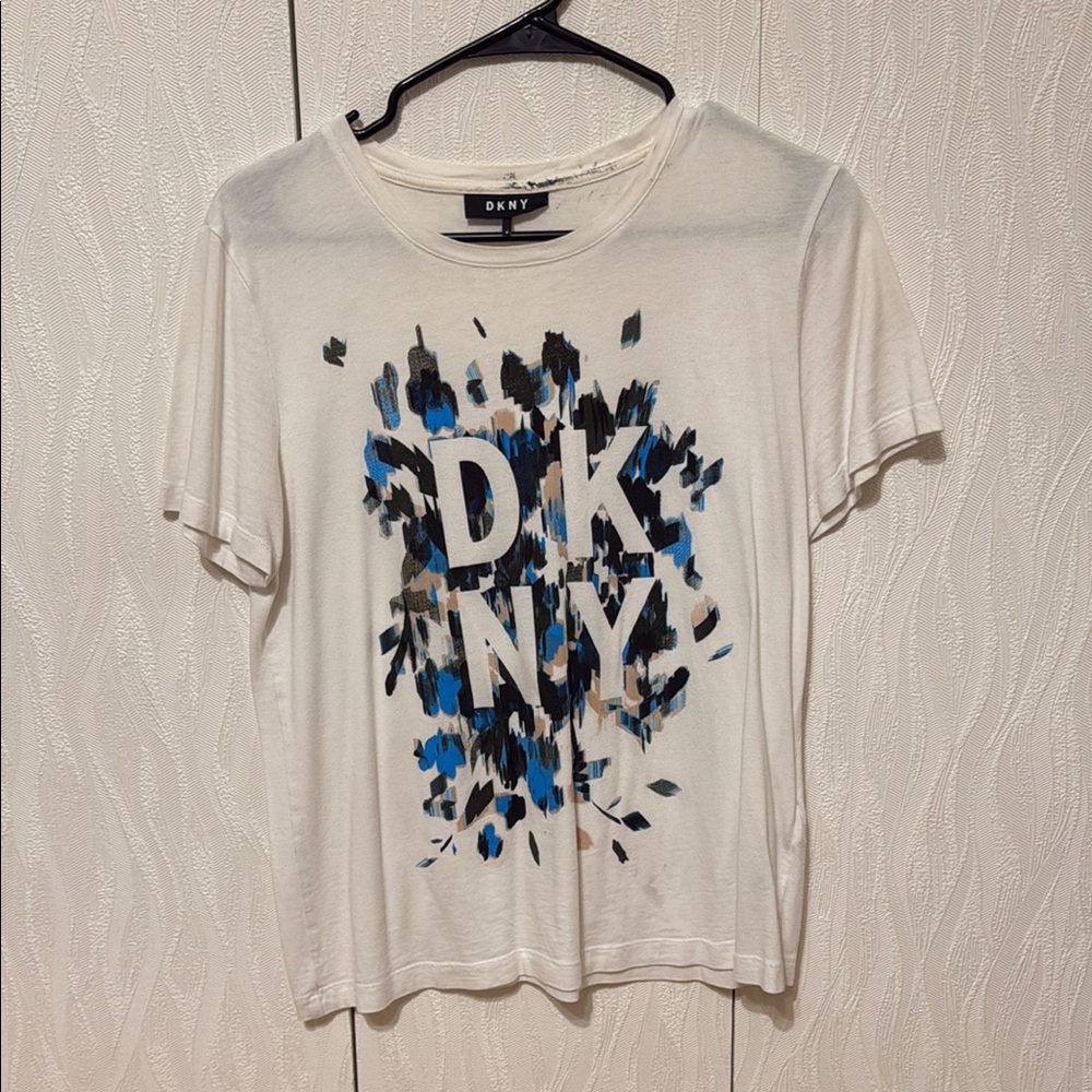 DKNY White Tee with Blue and Black Graphic